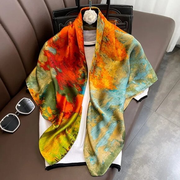 2/$30 NEW Abstract Landscape Scarf Vibrant Printed Silky Fashion Scarf Colors - Picture 1 of 10